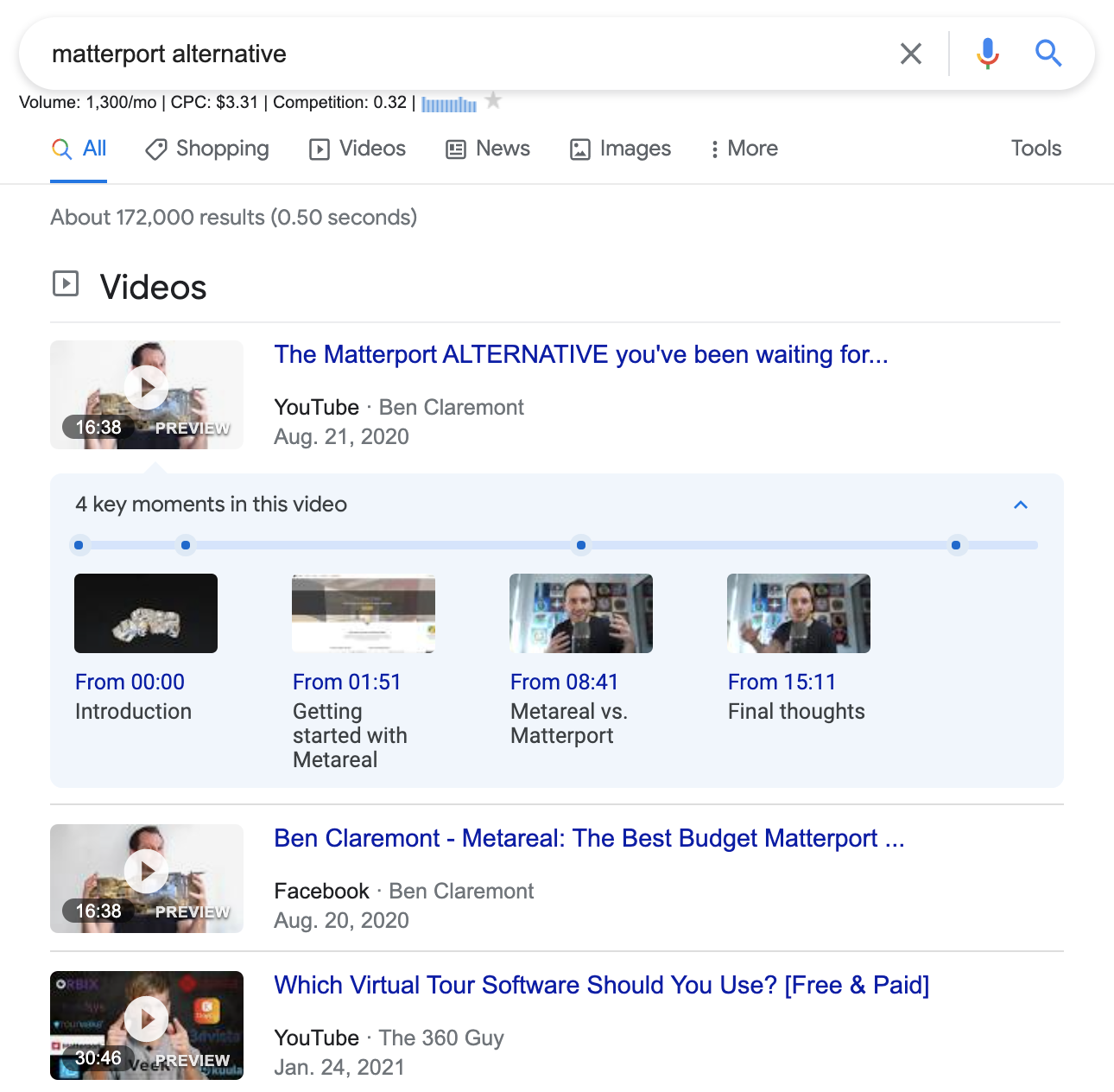 YouTube SERP สำหรับทางเลือก Matterport