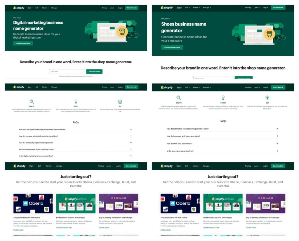Générateur de nom d'entreprise - Modèle de page de destination Shopifys