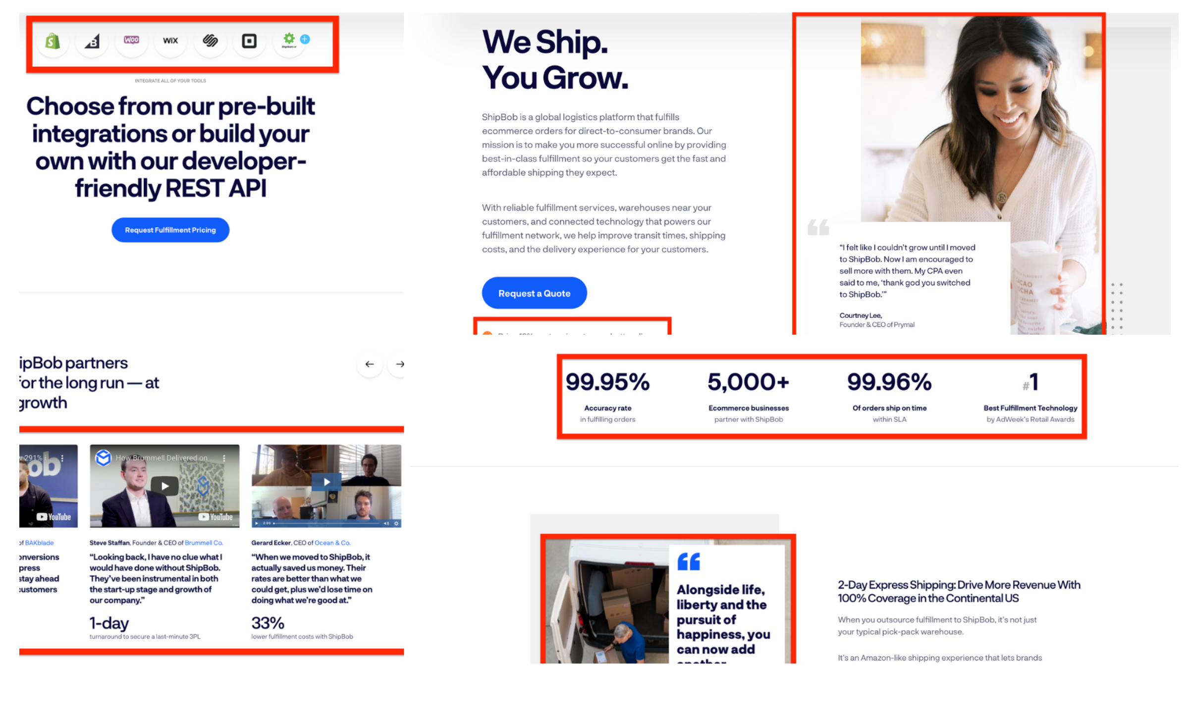 Elementos do site à prova social do Shipbob