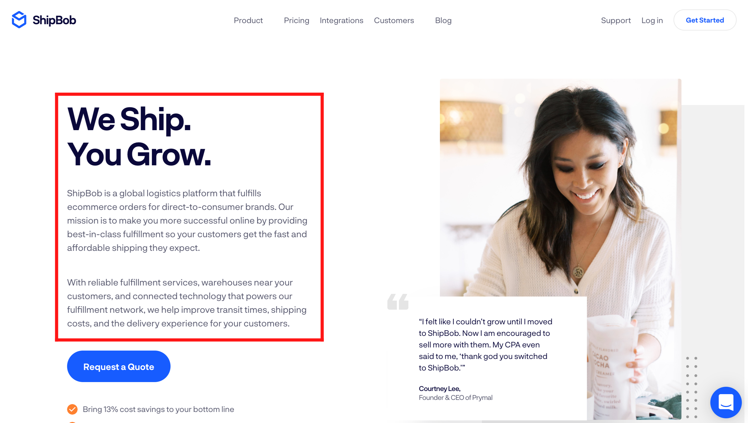 Página de destino da cópia do herói de Shipbob