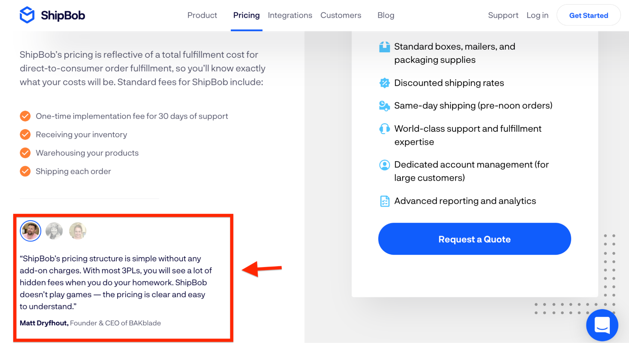 Prova social do fundo do funil de Shipbob