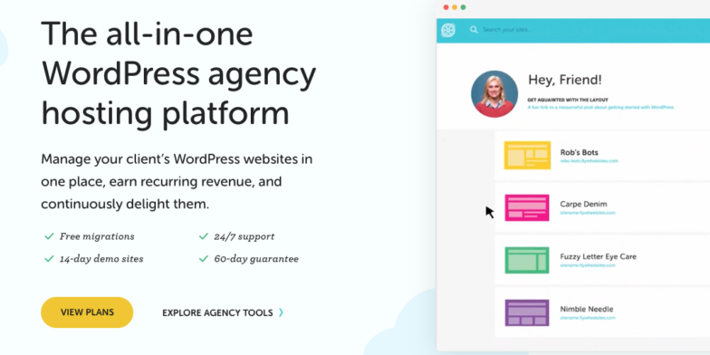 Screenshot dalla home page del sito web di Flywheel in cui il pulsante Visualizza piani risalta in giallo grassetto mentre il pulsante Esplora strumenti dell'agenzia appare meno in grassetto con solo una piccola freccia blu che indica che è un elemento cliccabile