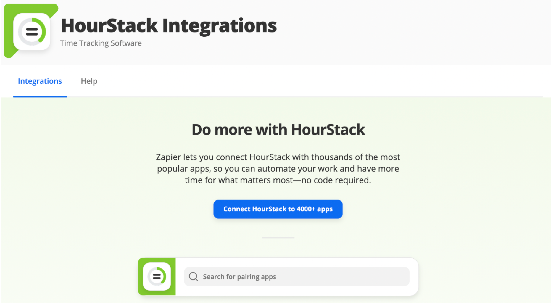 Página de destino da integração do Hourstack