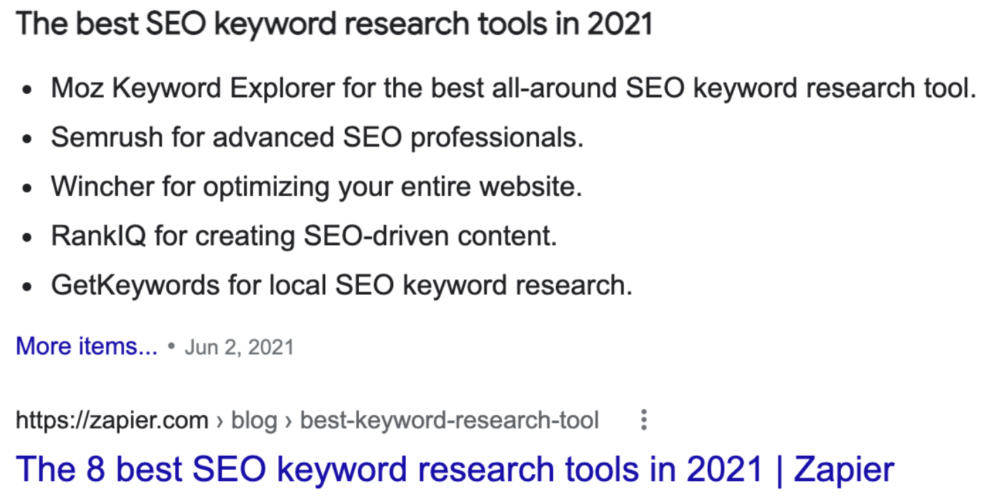 Fragmento em destaque do Zapier SEO
