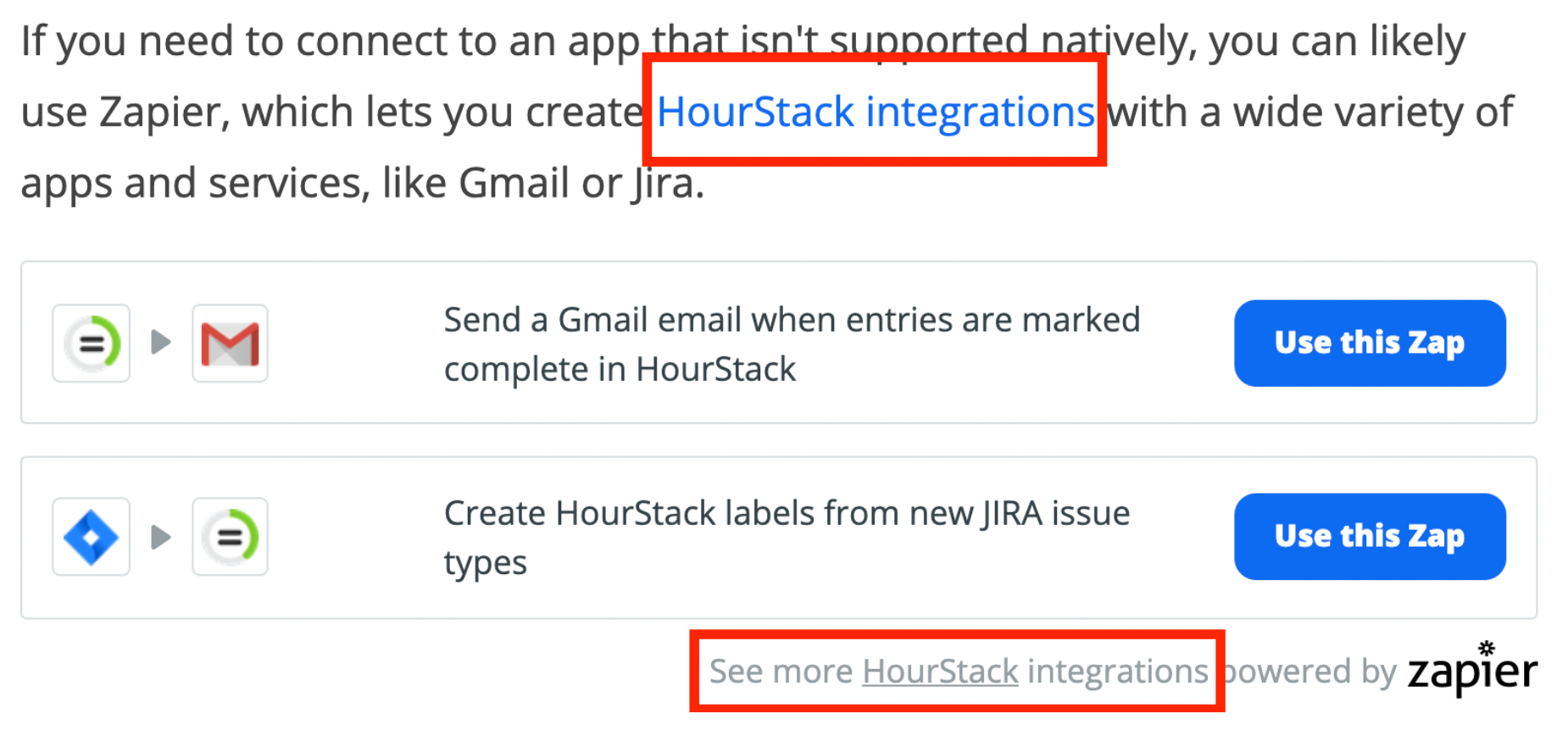 Links de integração do Zapier Hourstack