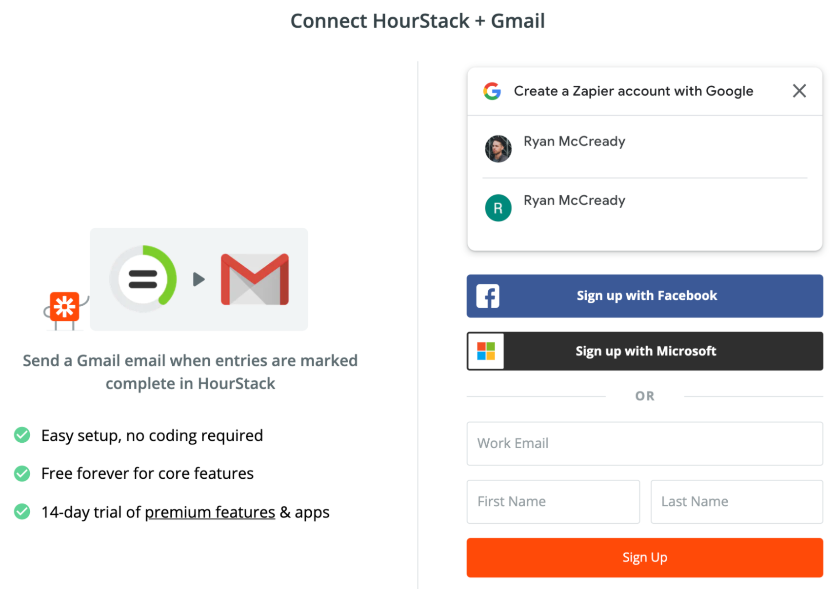 Página de destino da integração do Zapier