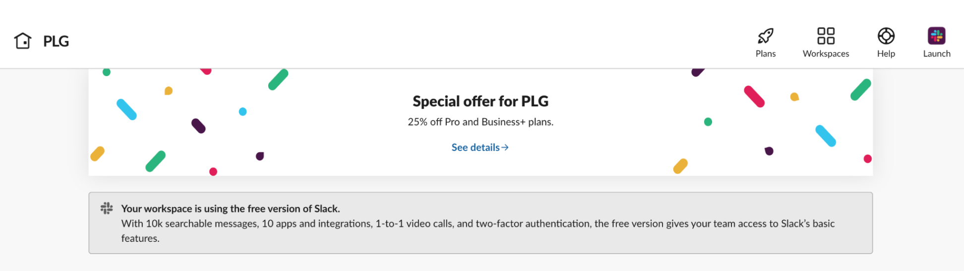 Versión gratuita del equipo PLG de Slack