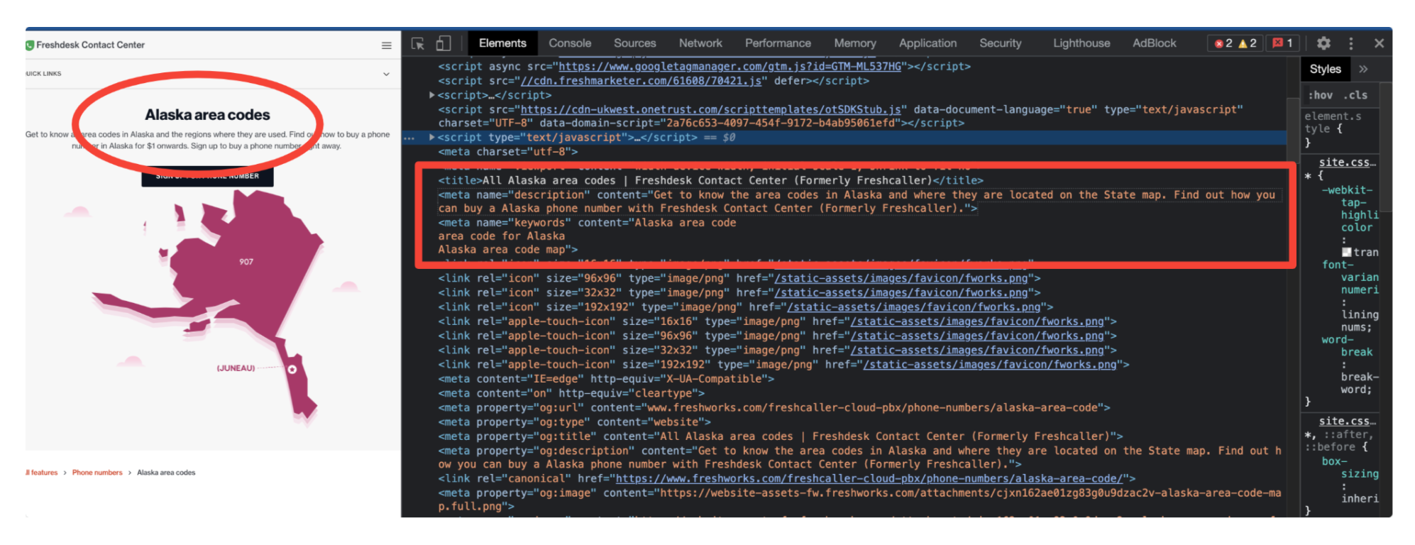 Metadatos de página de códigos de área de Freshworks Alaska