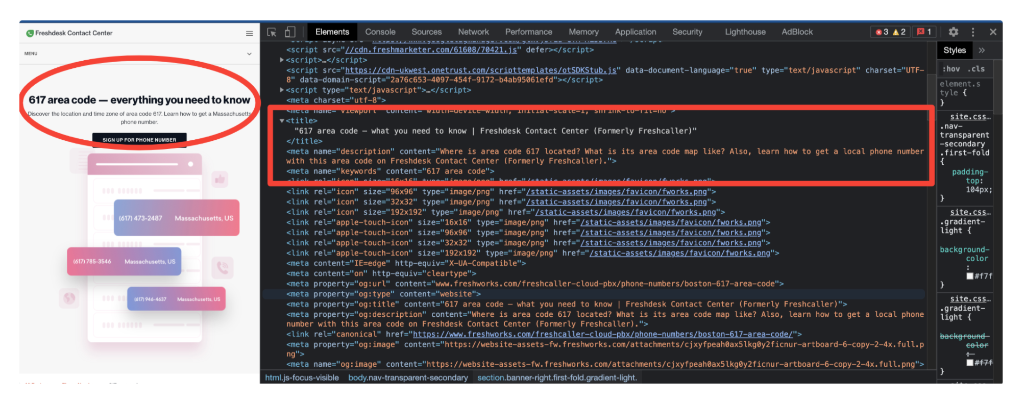 Metadatos de página de códigos de área de Freshworks Boston