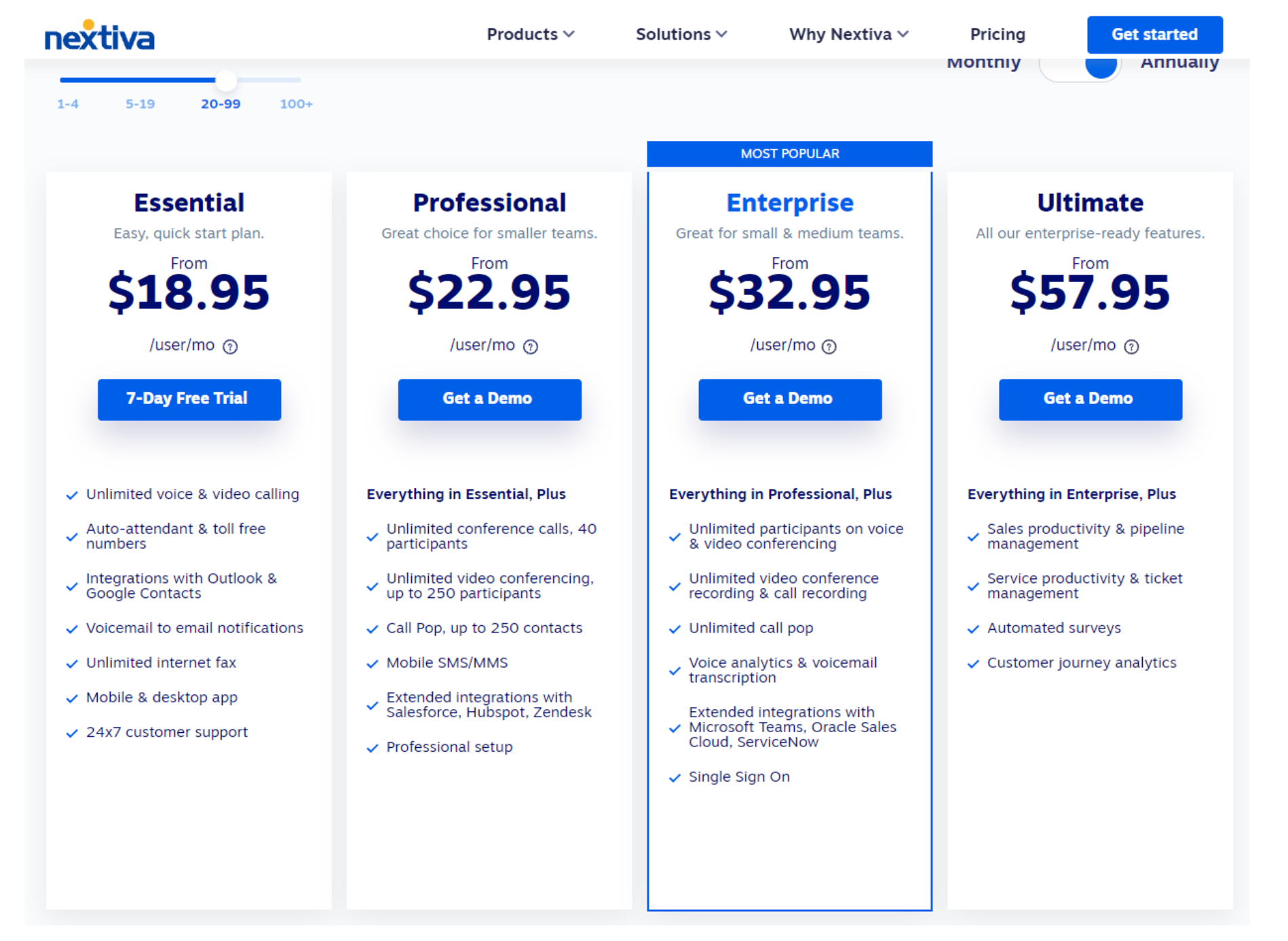 Página de precios de Nextiva