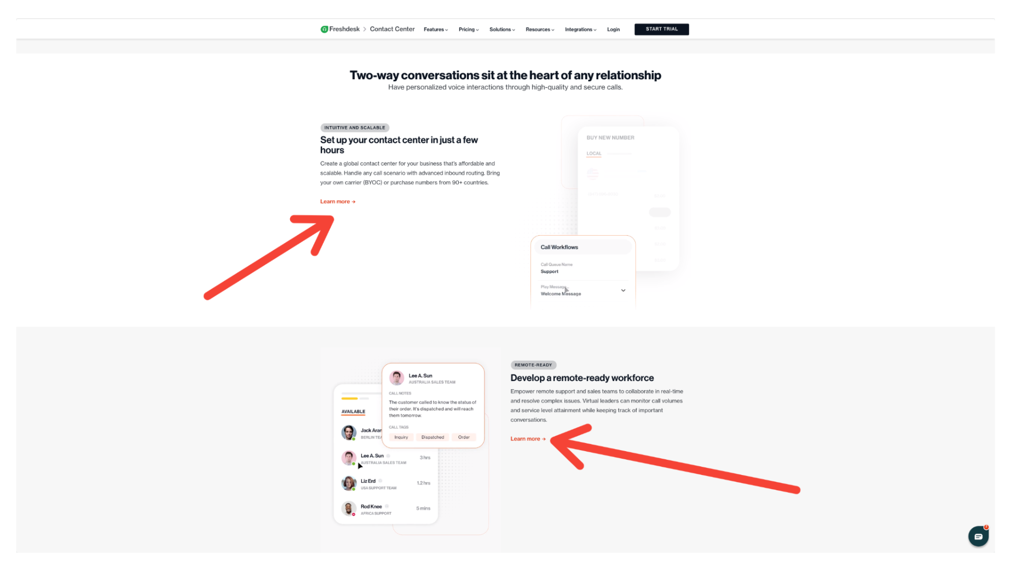 Páginas vinculadas a la página del centro de contacto de Freshworks