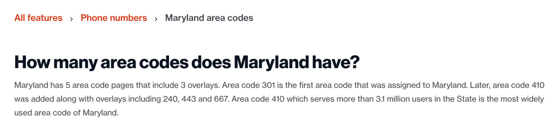 ¿Cuántos códigos de área tiene Maryland?