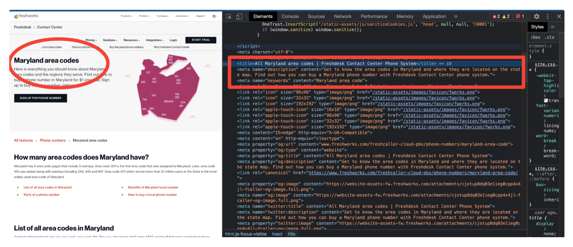 Metadatos de la página de códigos de área de Freshworks Maryland