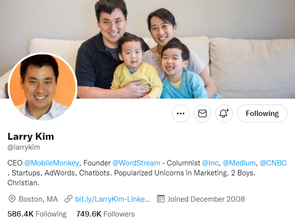 Larry Kim. Social-Media-Vermarkter folgt auf Twitter