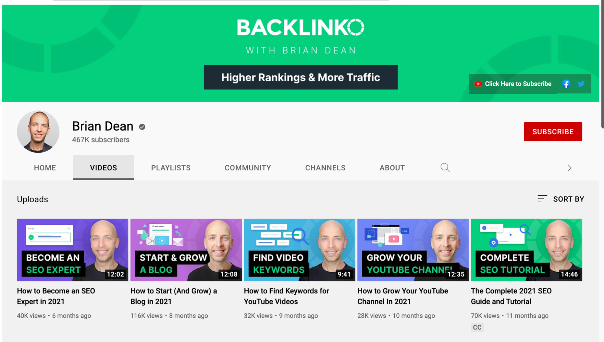 Backlinko 的 YouTube 频道截图