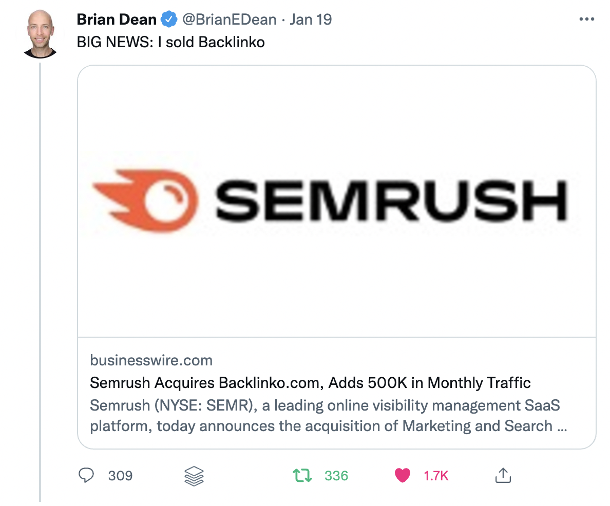 Brian Dean 在 Twitter 上宣布他出售 Backlinko 的截图