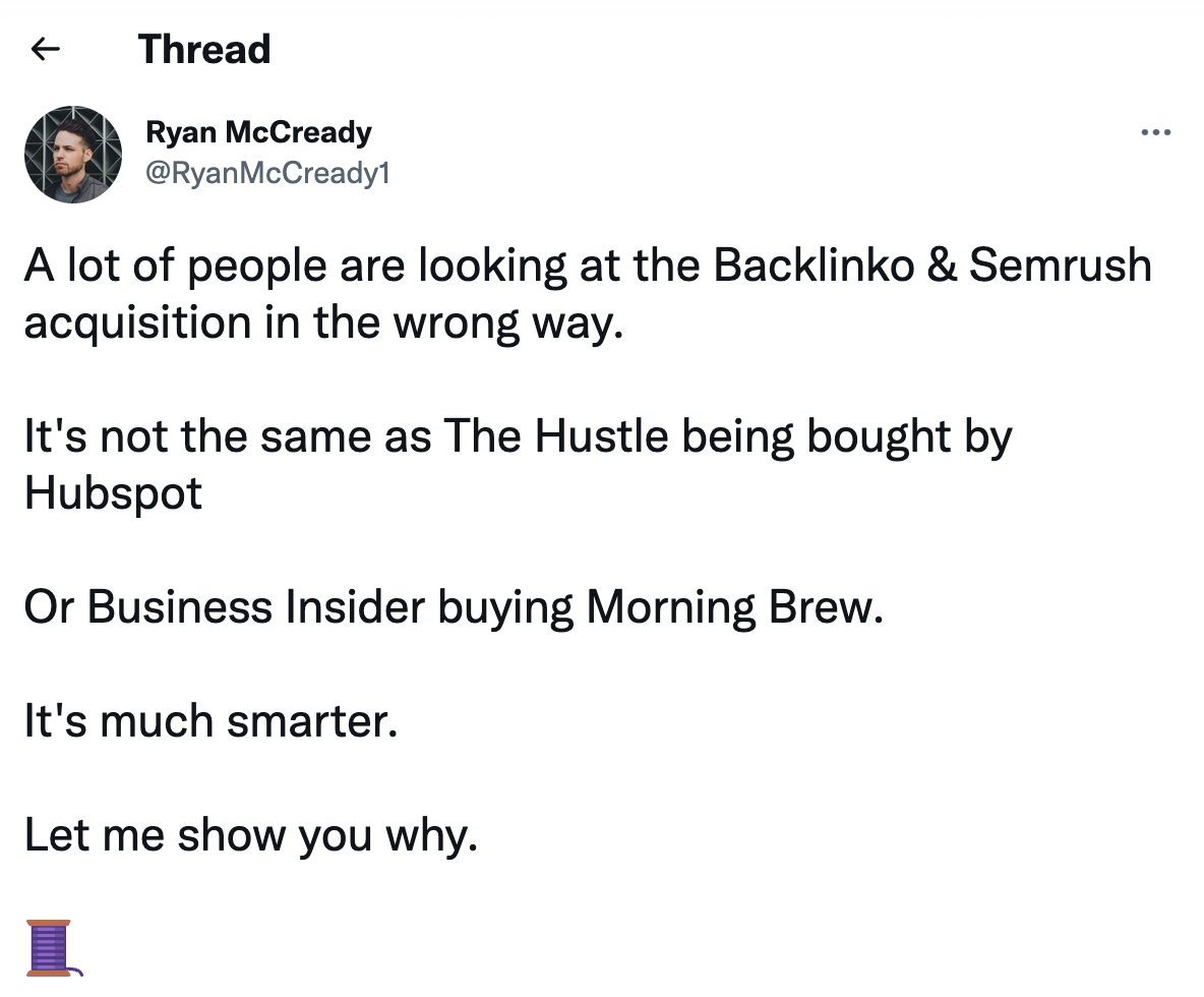 Ryan 关于 Backlinko 和 Semrush 的 Twitter 帖子截图