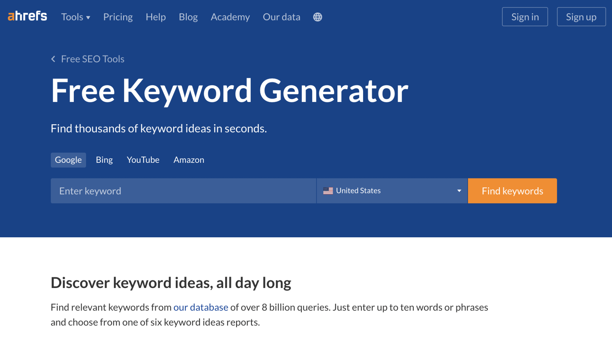 Capture d'écran de la page d'accueil du générateur de mots clés Ahrefs