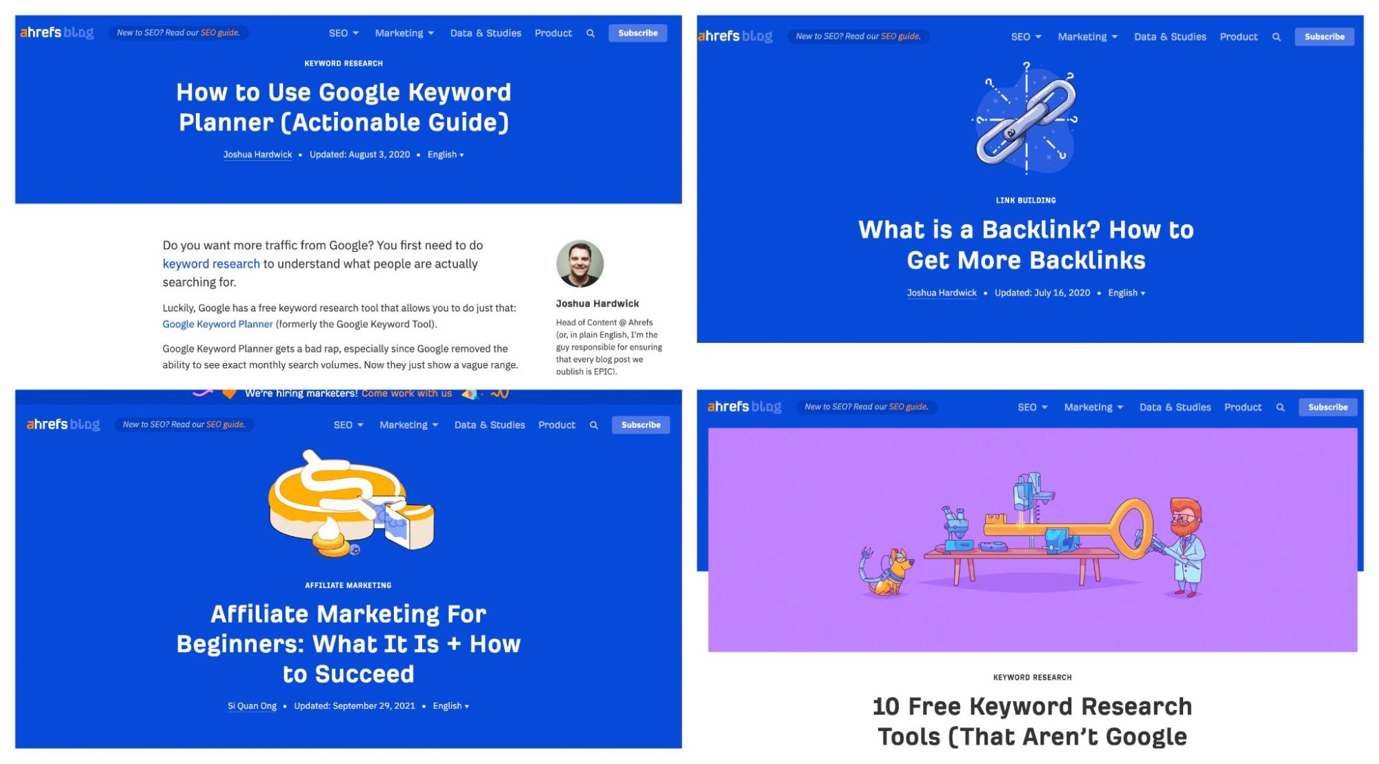 Captures d'écran du contenu du blog Ahrefs