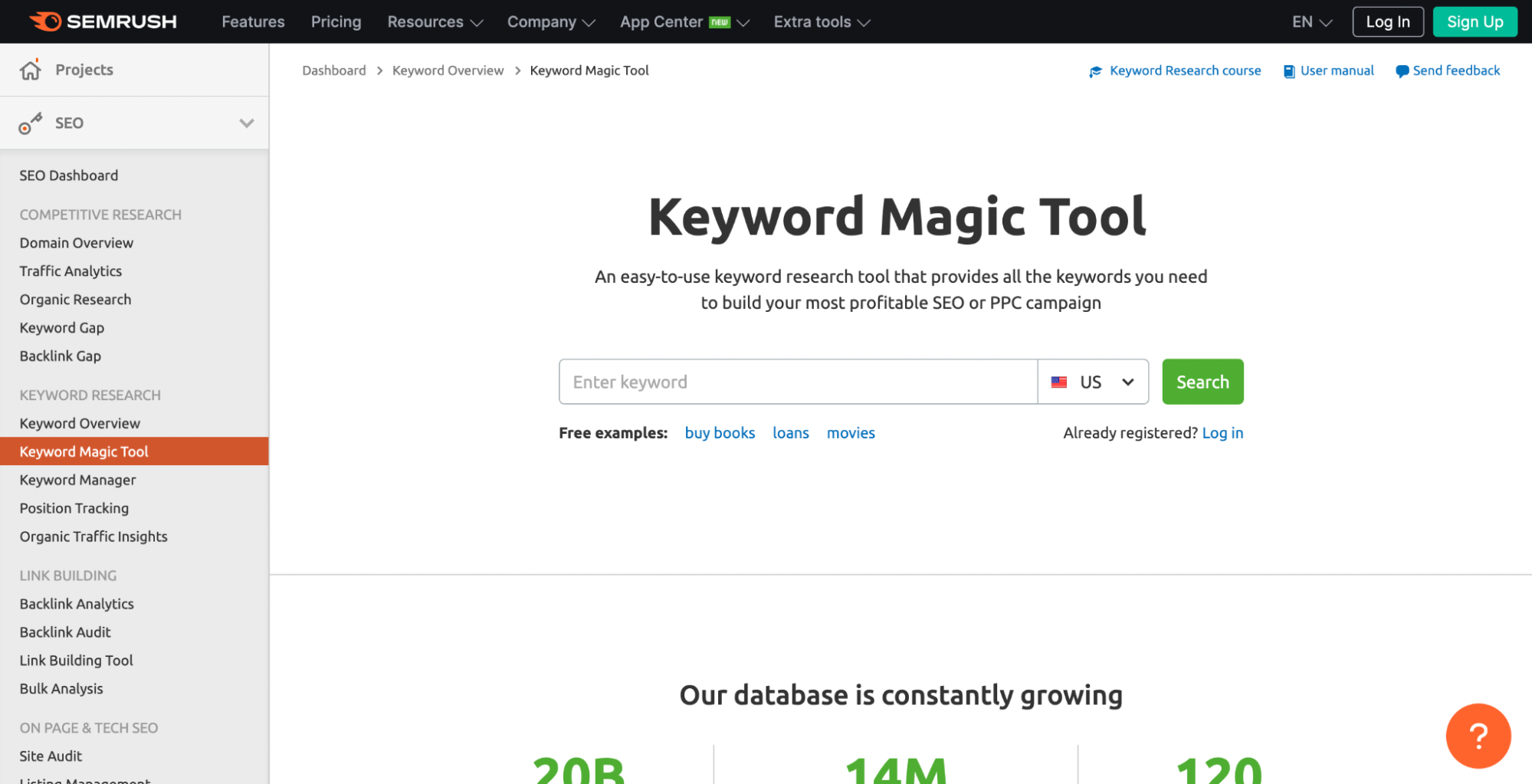 Capture d'écran de Semrush Keyword Magic Tool