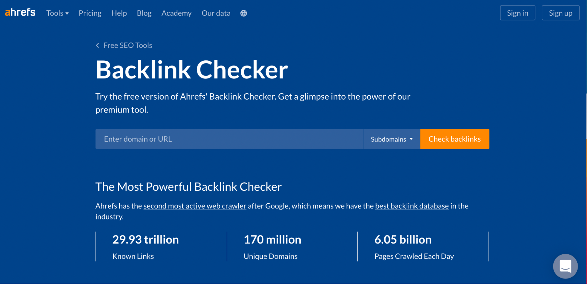 Capture d'écran de la page d'accueil Ahrefs Backlink Checker