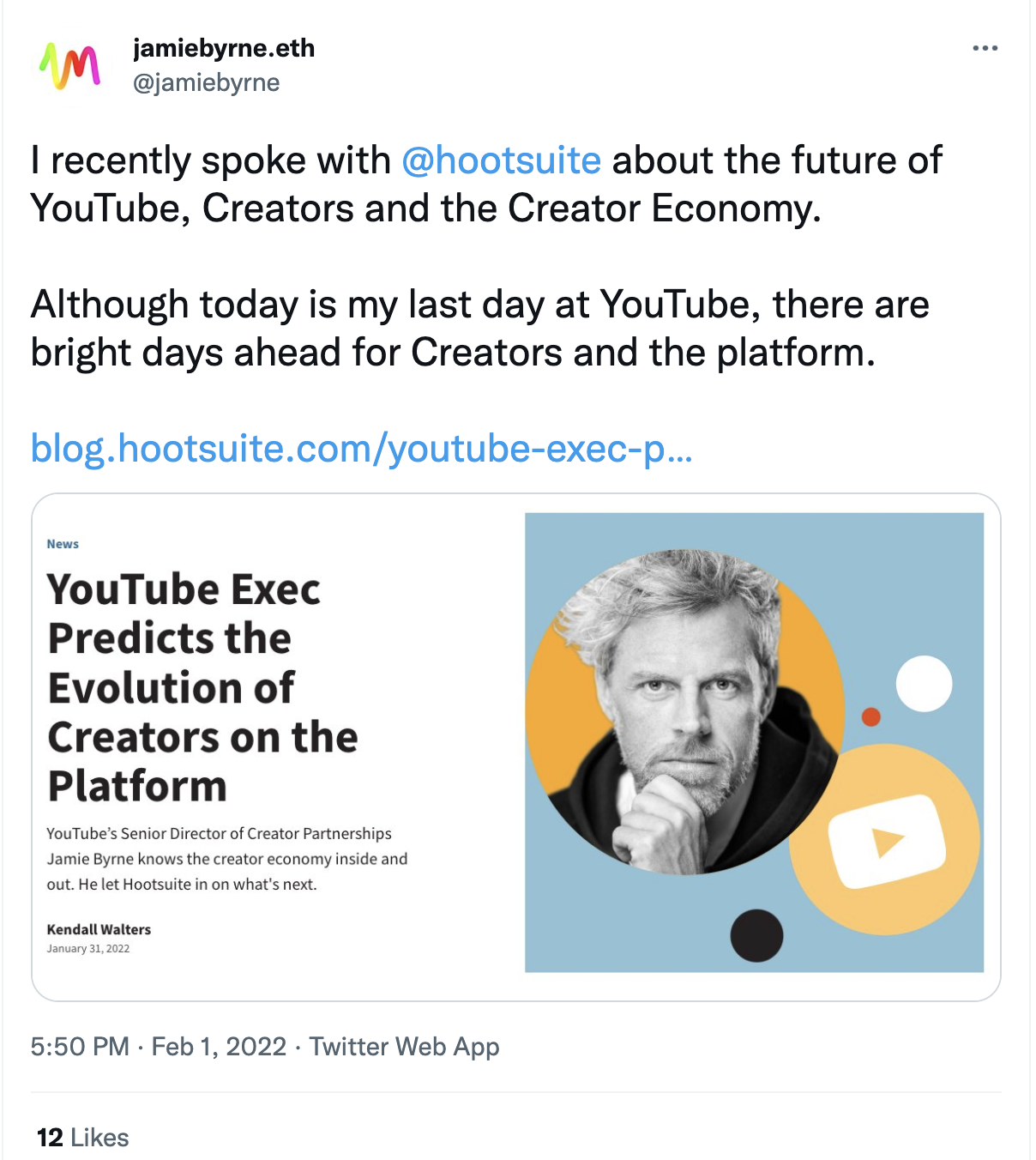 El tuit de Jamie Byrne sobre la entrevista de The Future of Creators