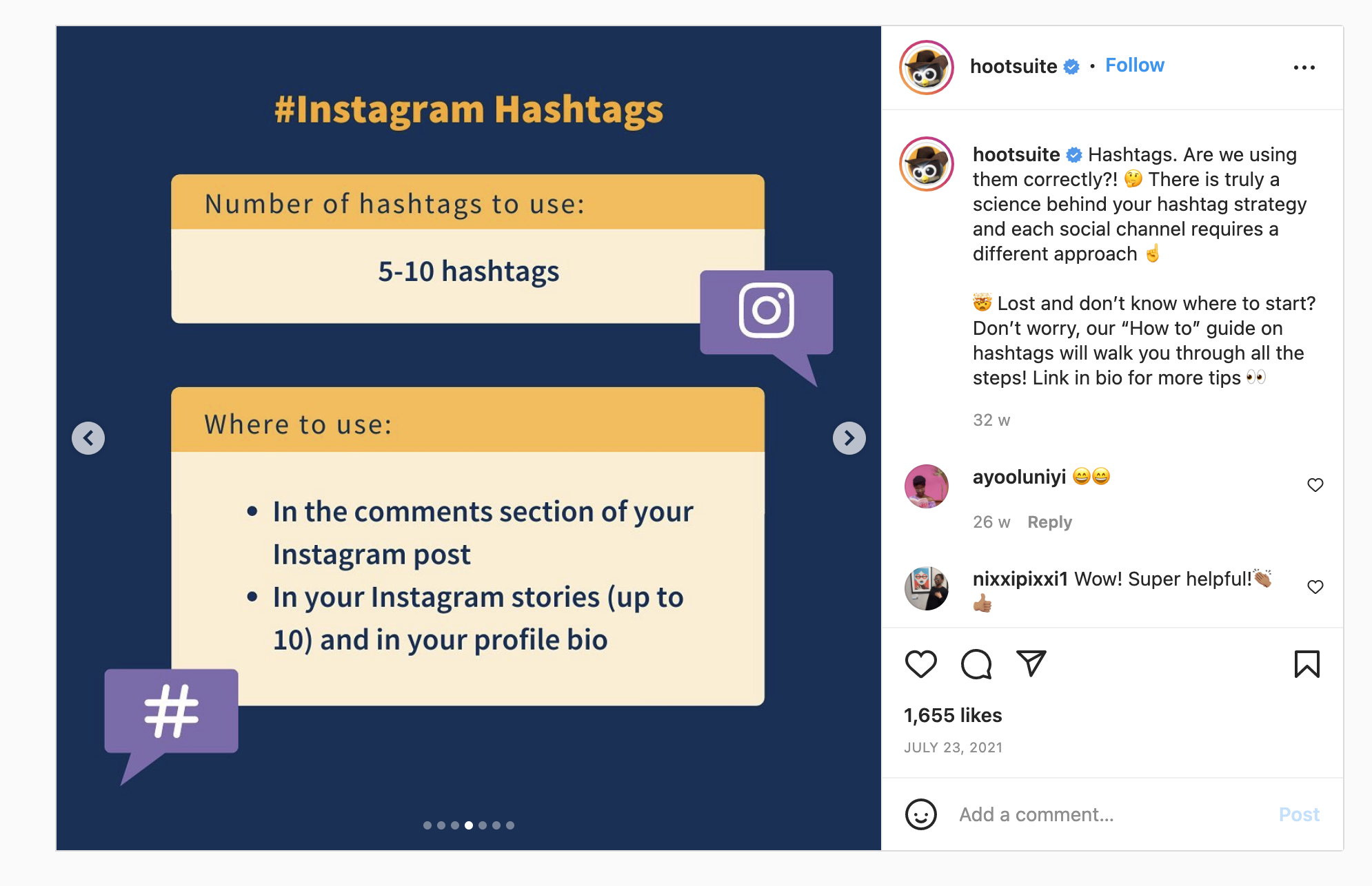 Carrusel de Instagram sobre estrategias de hashtag
