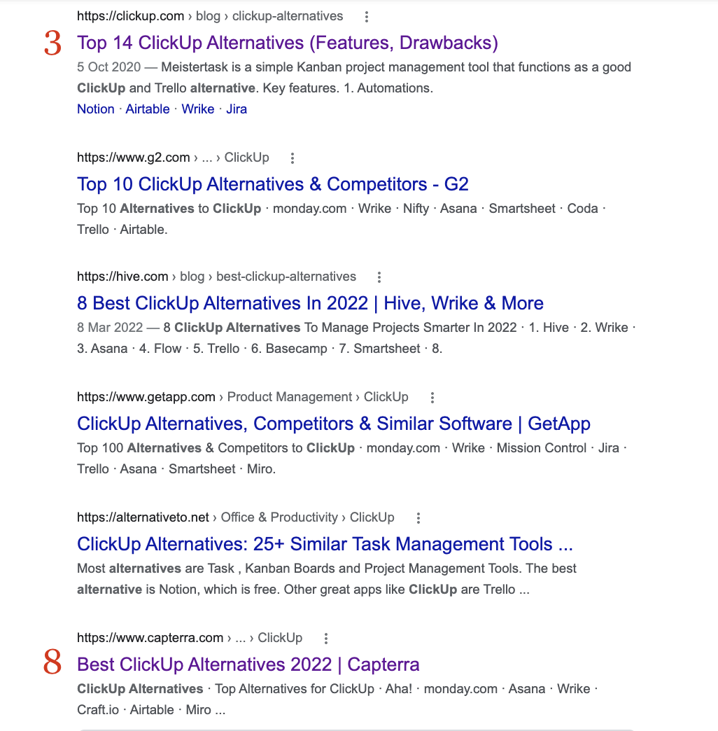 Lista de alternativas de ClickUp en SERP