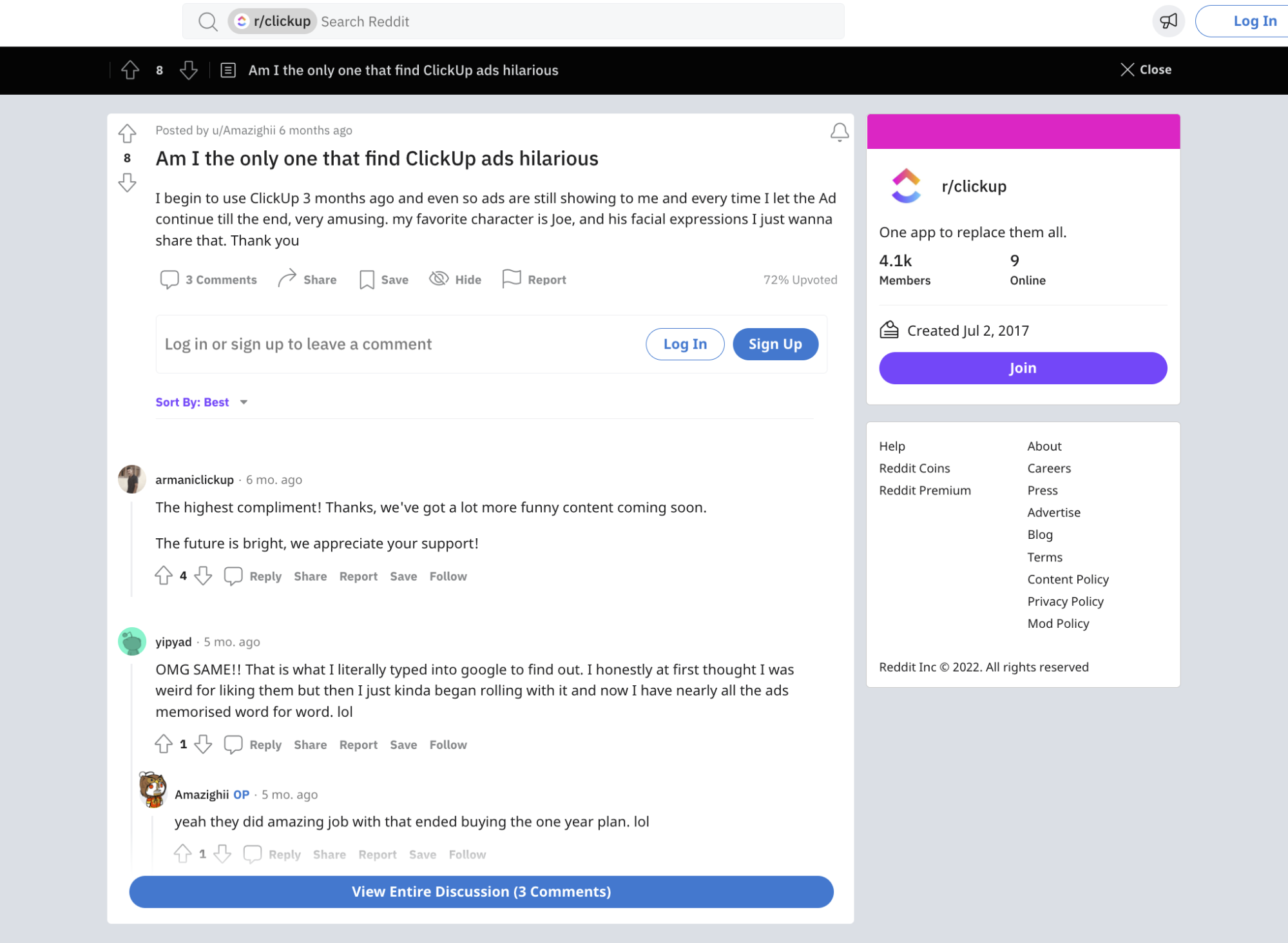 Post Reddit sugli annunci ClickUp
