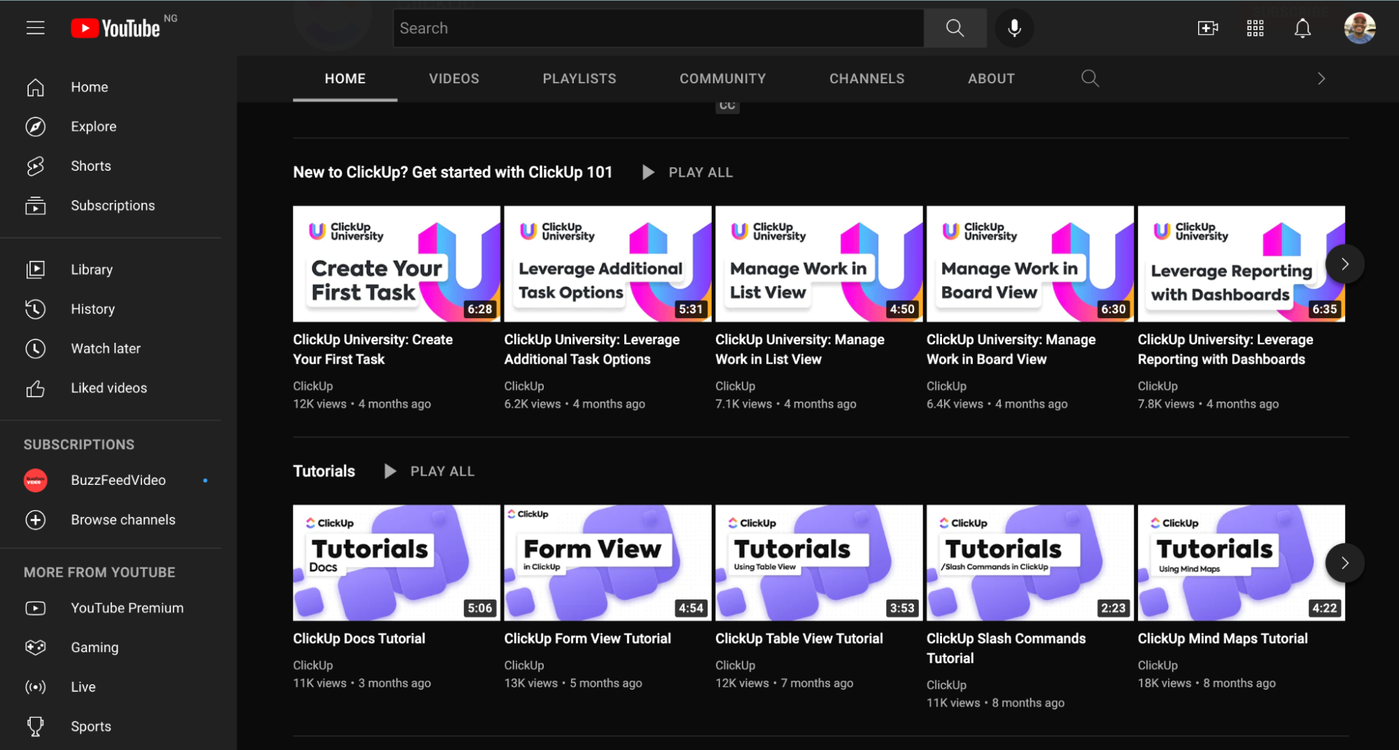 Fare clic su Pagina YouTube