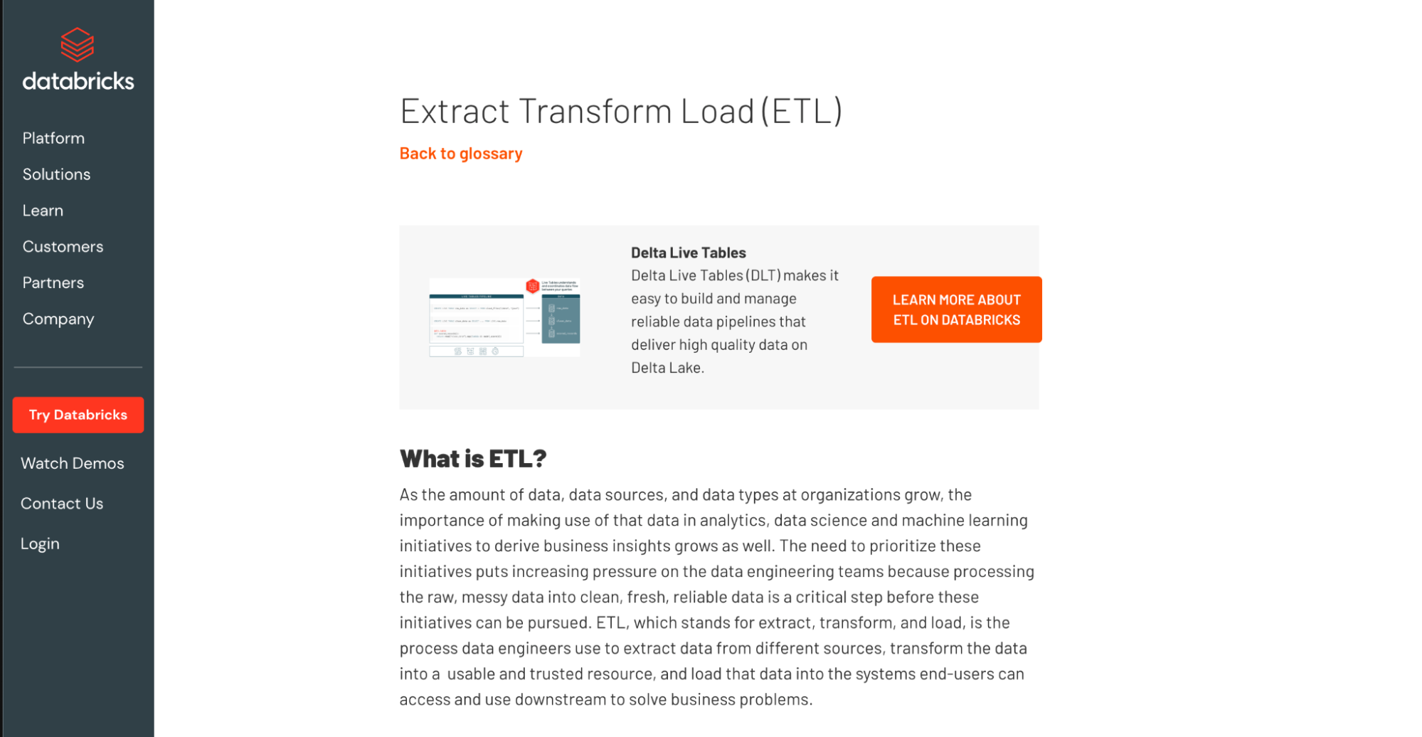 Page de glossaire Databricks pour Extract Transform Load (ETL)