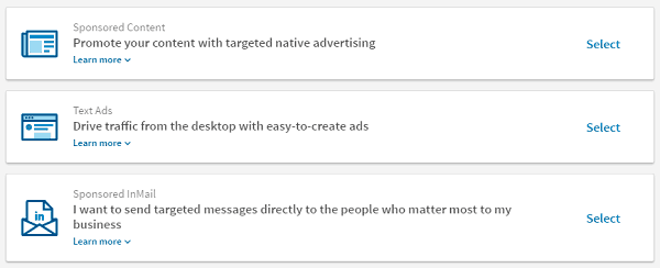Opções de anúncios do LinkedIn - Marketing para novas agências