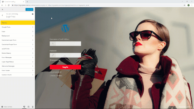 对自定义 WordPress 登录页面所做更改的实时视图。