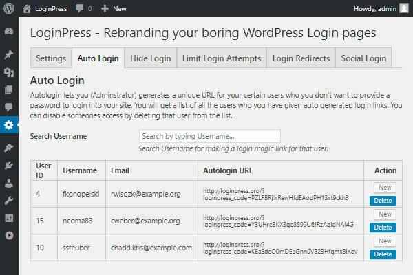 WordPress 中 LoginPress 后端的屏幕截图。