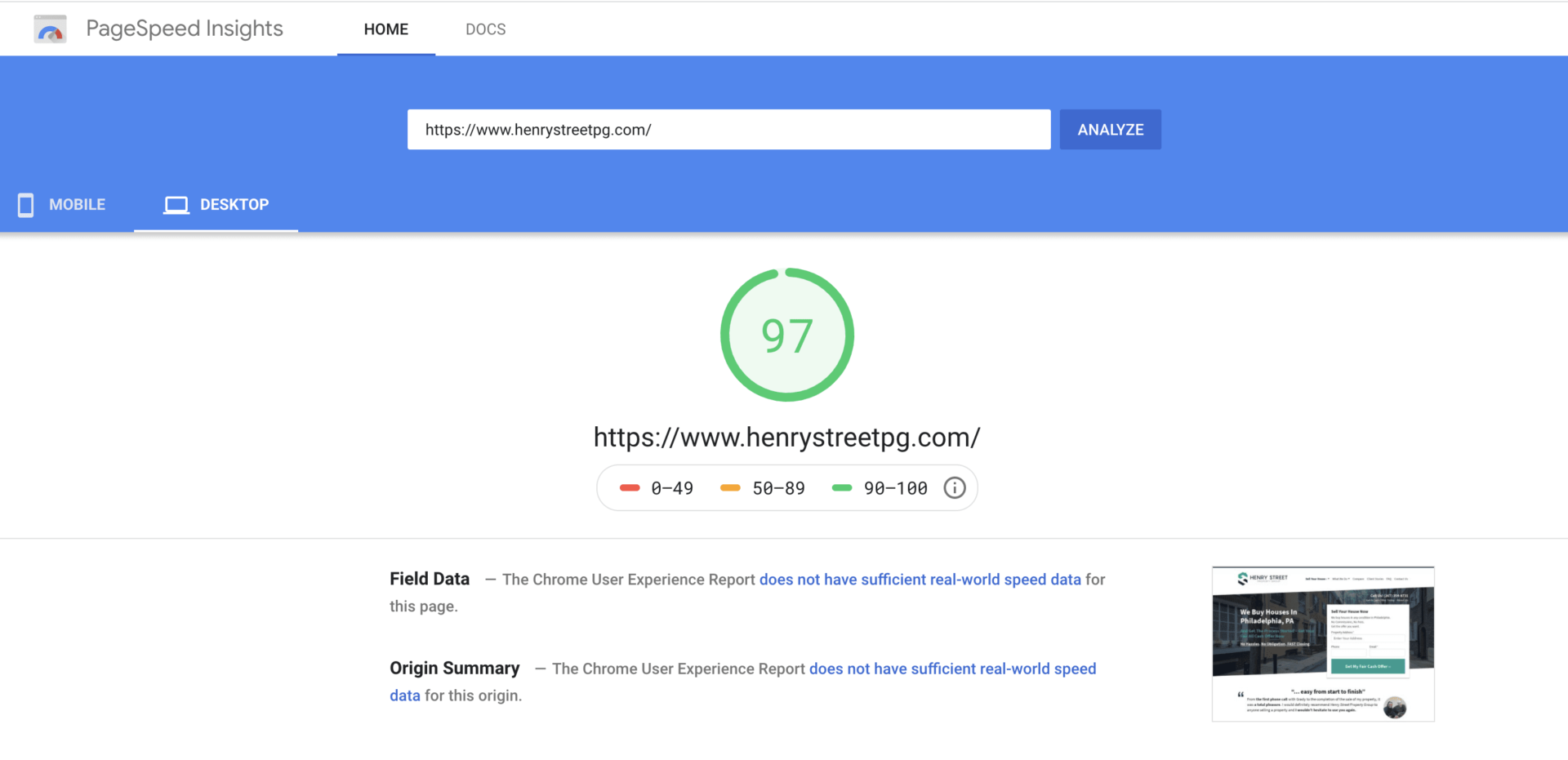 velocità della pagina del sito web immobiliare