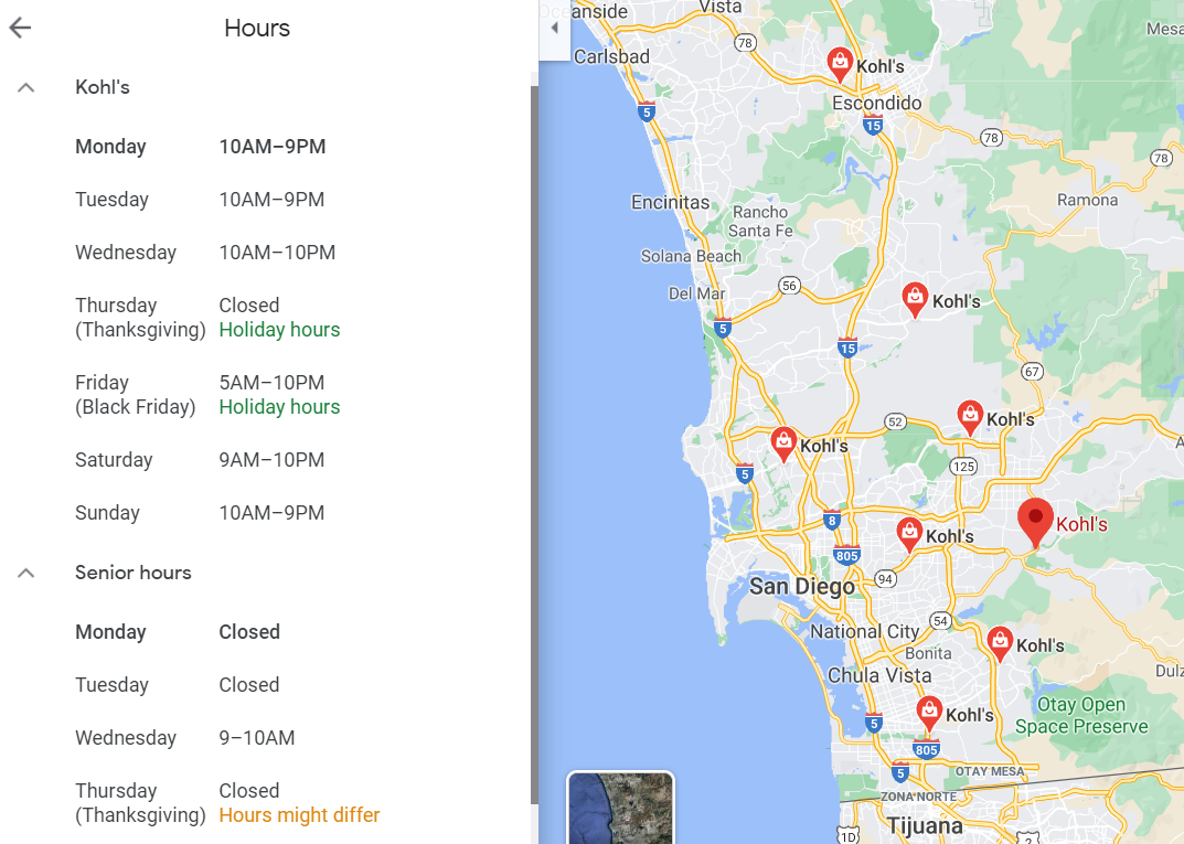 Kohl's Special Hours 示例