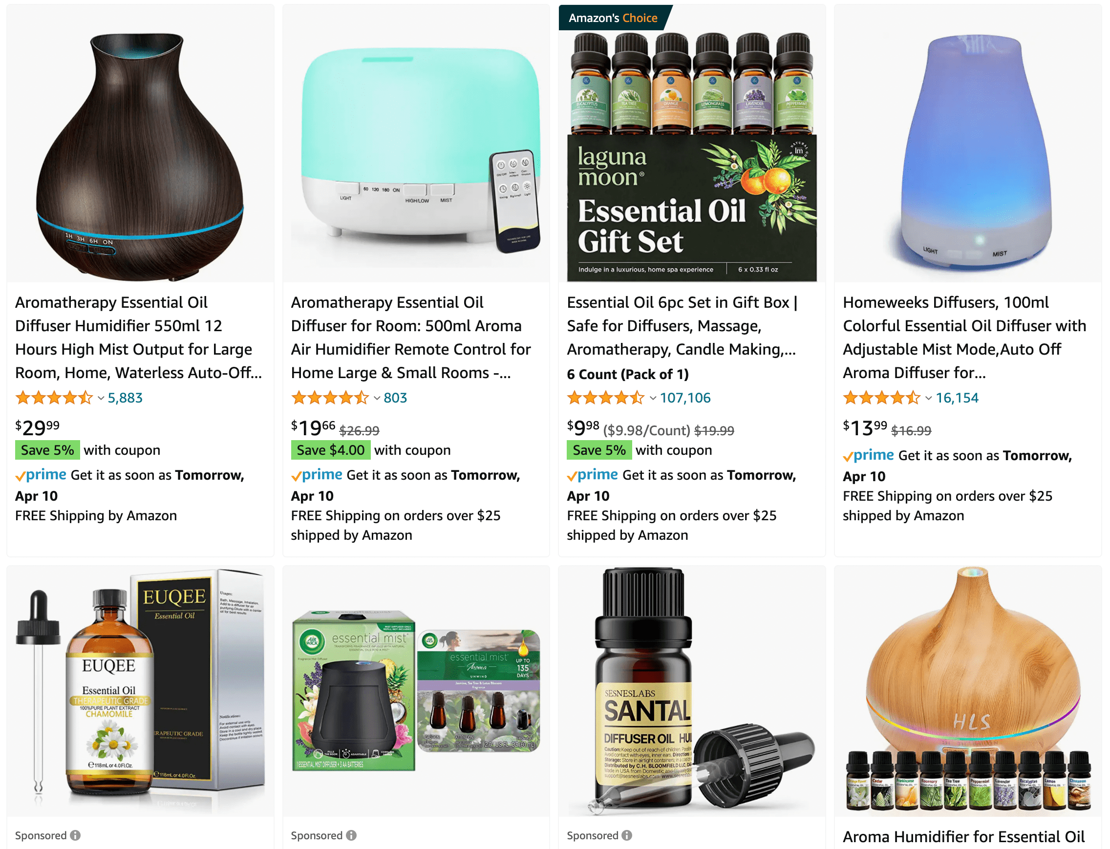 Minyak esensial dan diffusers untuk dijual di Amazon.
