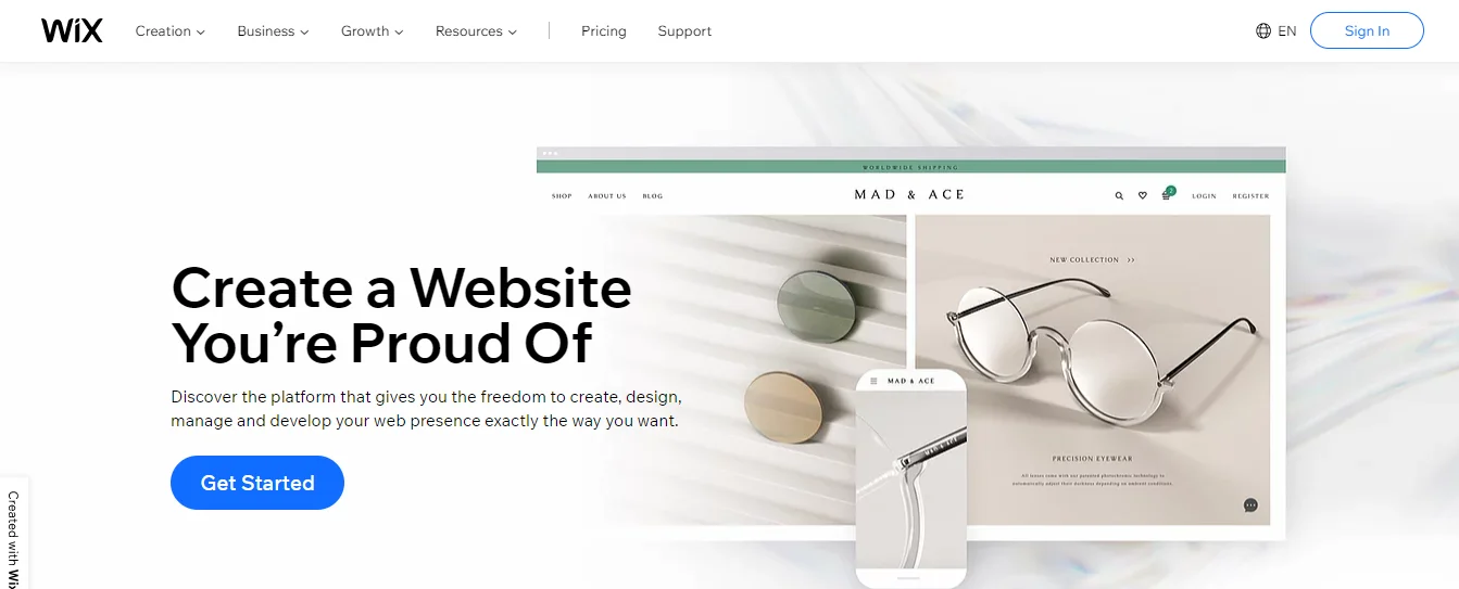 página de inicio de wix