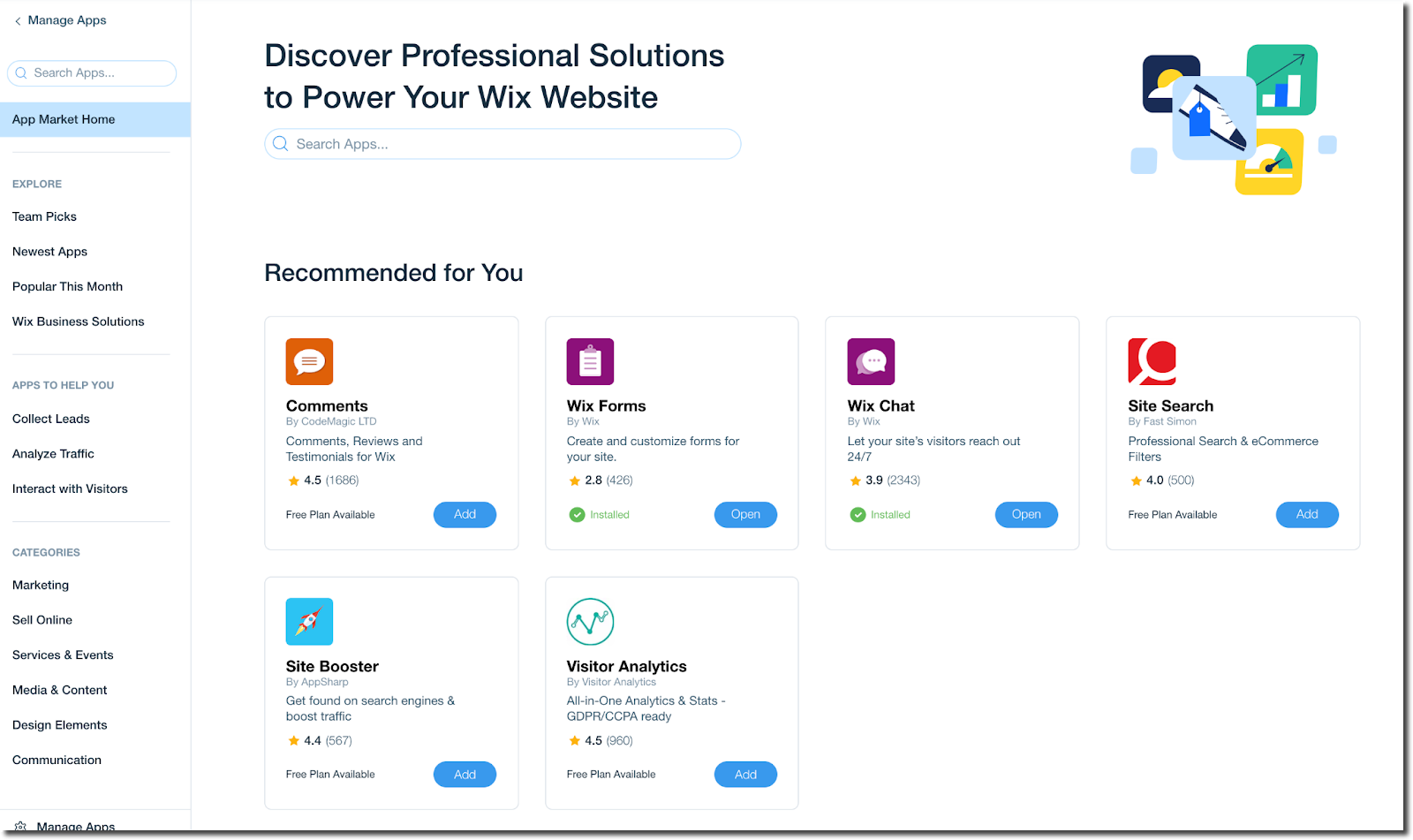 Mercado de aplicaciones de Wix