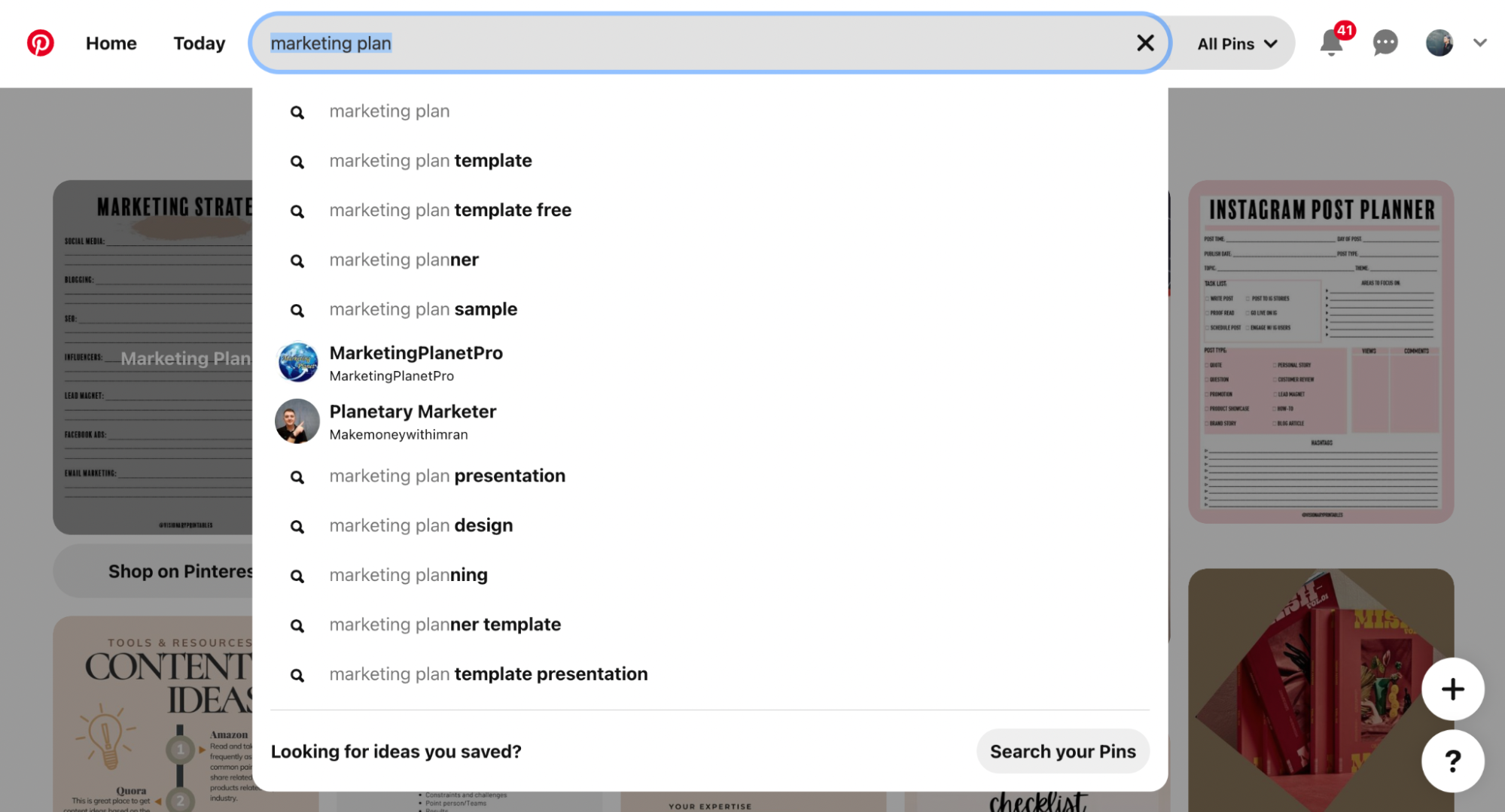 Boîte de recherche Pinterest