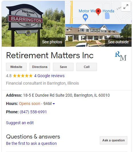 Retirement Matters Inc Google My Business 列表示例