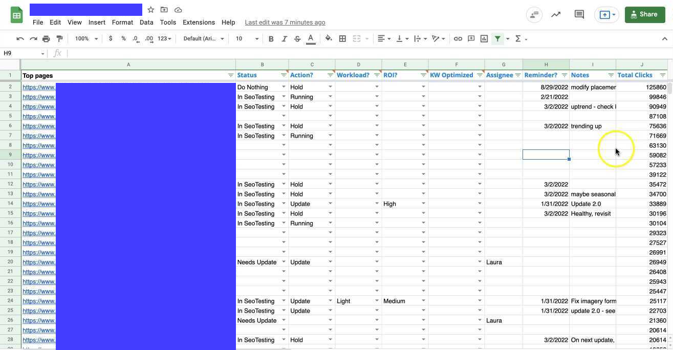 Spreadsheet URL, nilai status, dan informasi pengoptimalan.