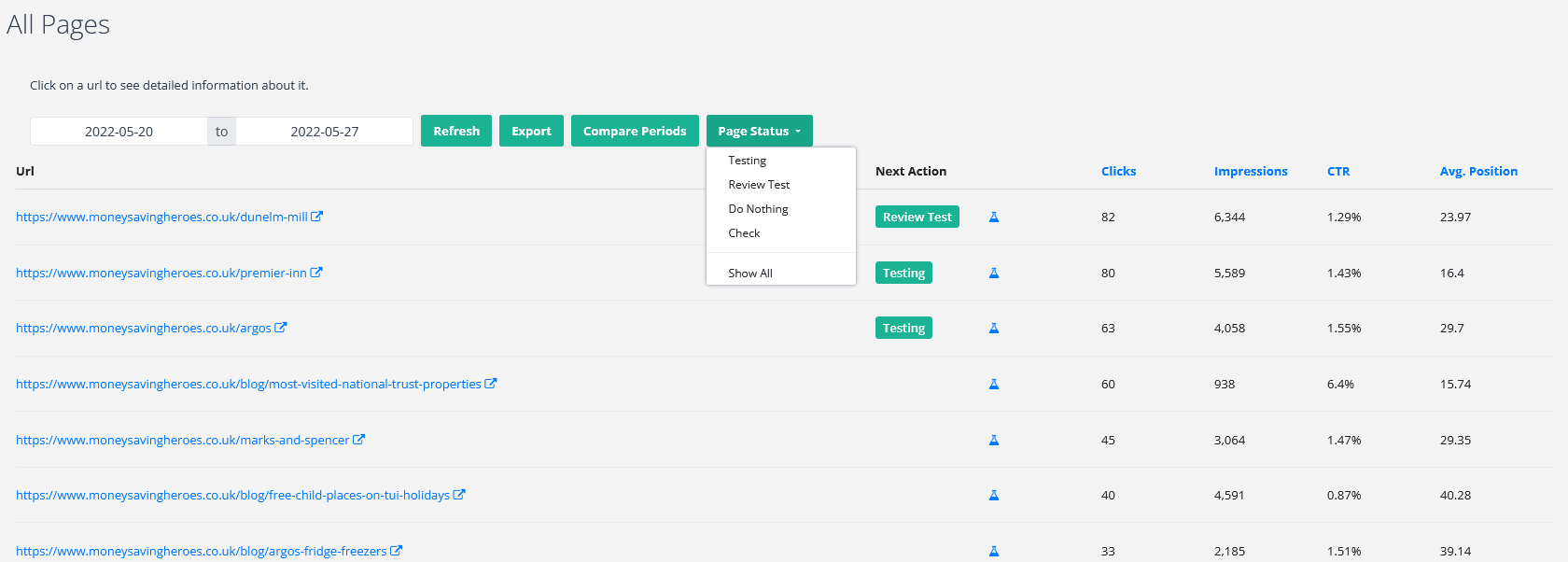 Filter Tindakan Halaman pada laporan Semua Halaman di SEOTesting.com