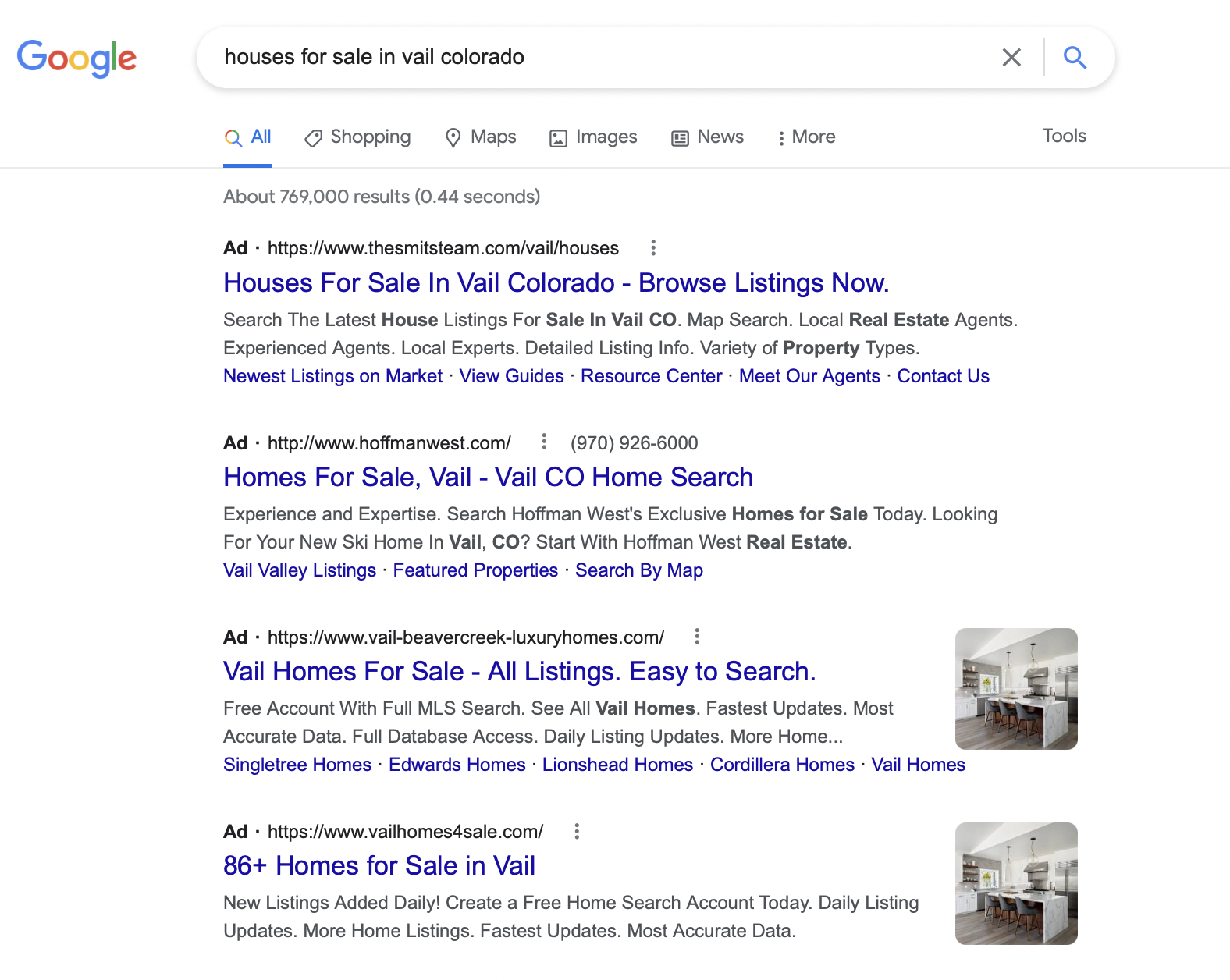 房地產關鍵字的谷歌廣告搜索結果