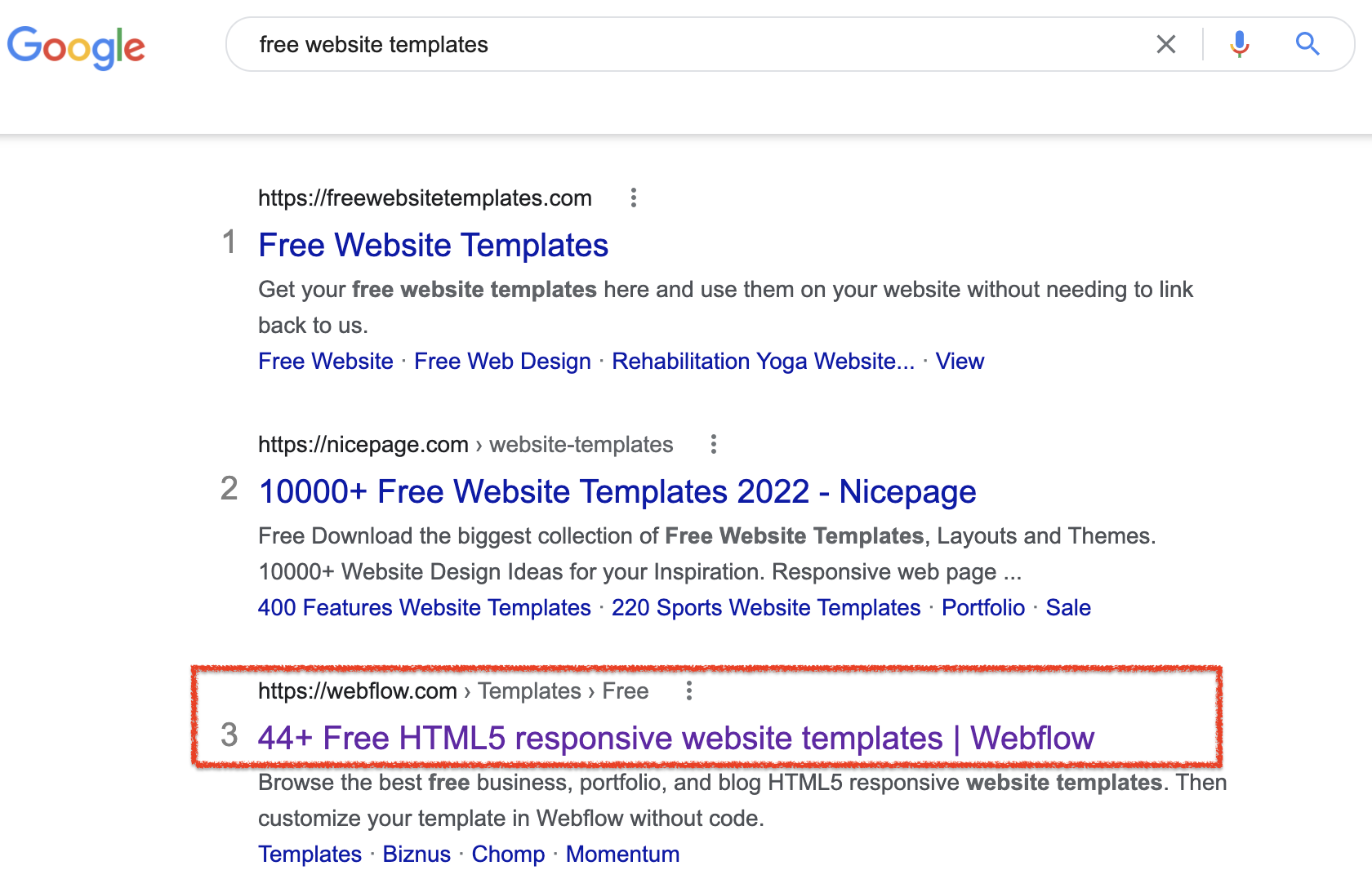 หน้าผลลัพธ์ของเครื่องมือค้นหาสำหรับ "เทมเพลตเว็บไซต์ฟรี"