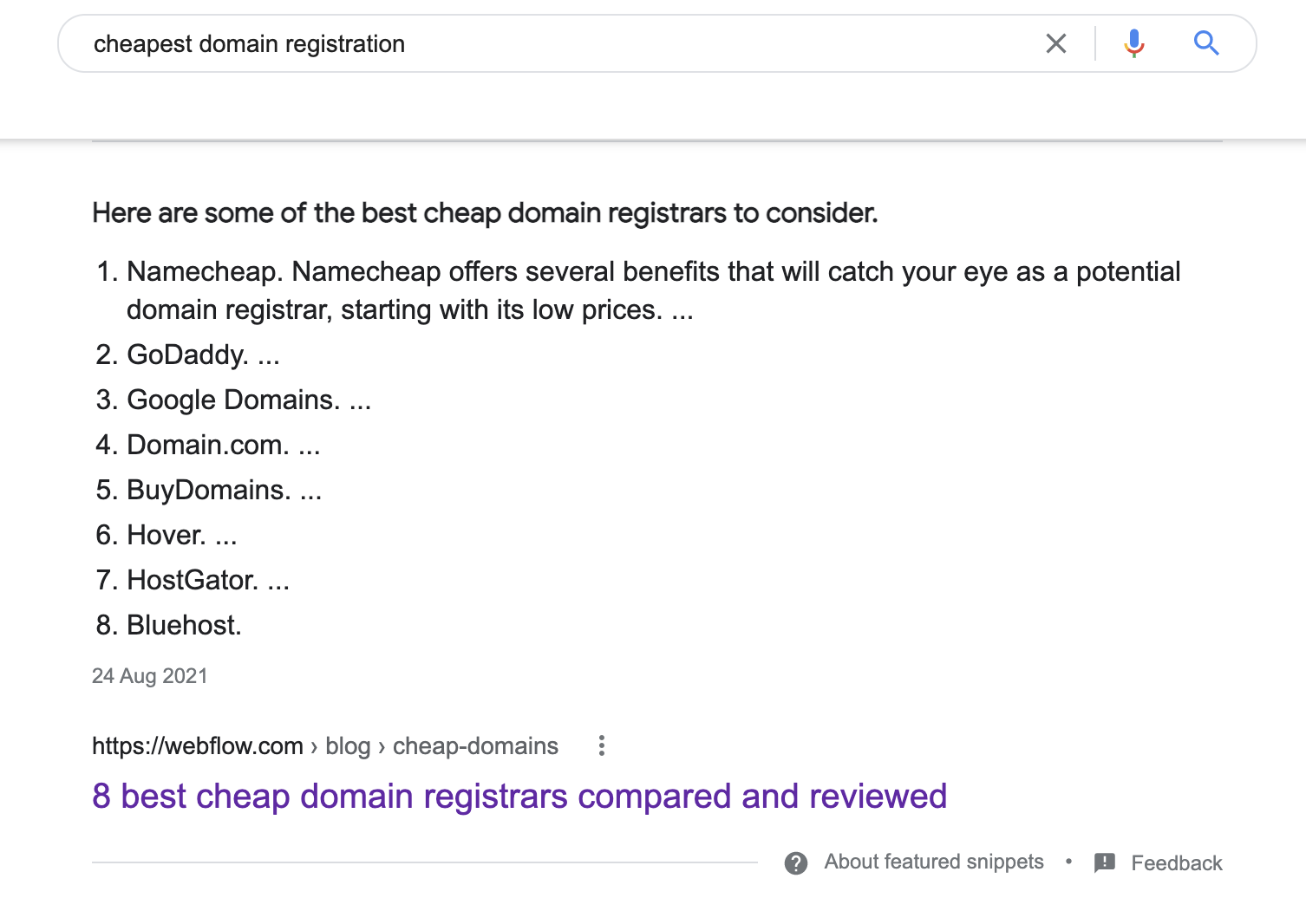 หน้าผลลัพธ์ของเครื่องมือค้นหาสำหรับการจดทะเบียนโดเมนที่ถูกที่สุด