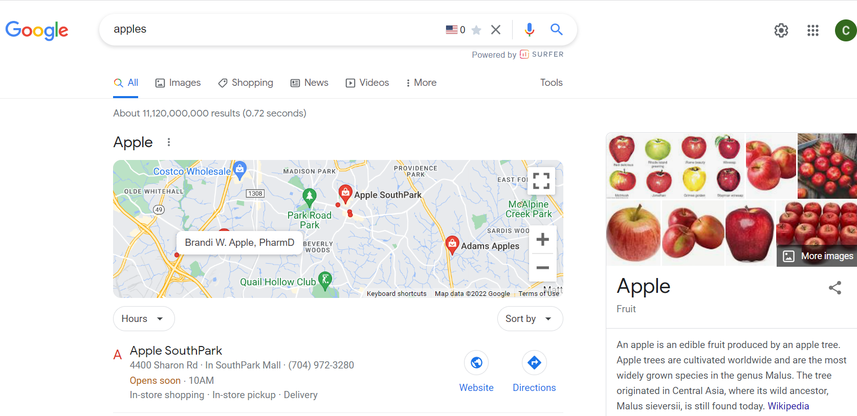 Przykład wyszukiwania słów kluczowych w jabłkach