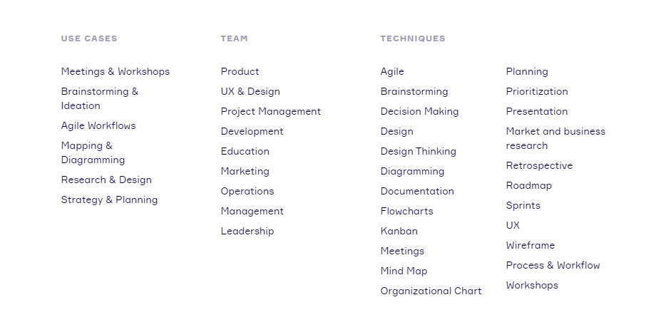 Filtrage des modèles Miro et options de cas d'utilisation