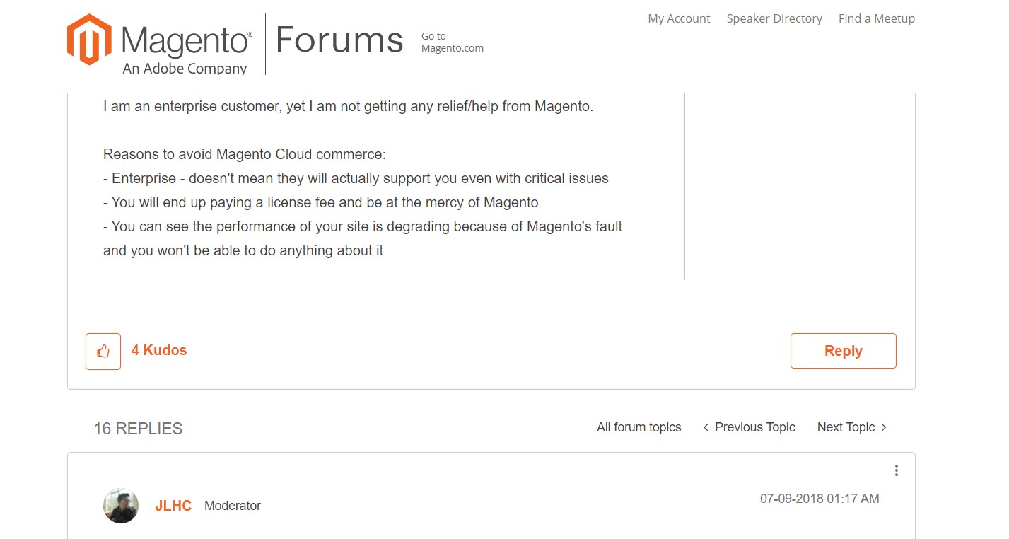 Recenzje na temat wsparcia dla Magento Commerce Cloud w społeczności Magento