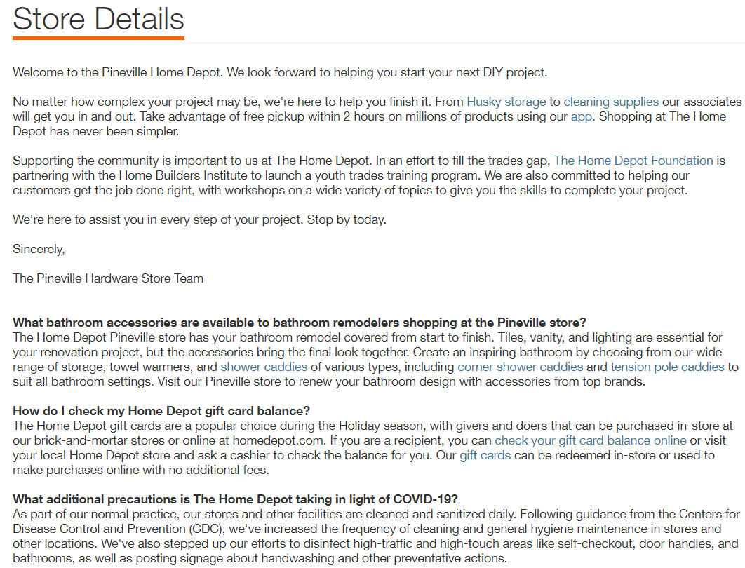Пример гиперлокального контента на странице Home Depot